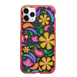 Чехол iPhone 11 Pro матовый Летние цветы узор на темном, цвет: 3D-красный