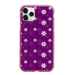 Чехол iPhone 11 Pro матовый Узор цветы на фиолетовом фоне, цвет: 3D-малиновый