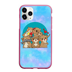Чехол iPhone 11 Pro матовый Милые выдры, цвет: 3D-малиновый