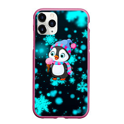 Чехол iPhone 11 Pro матовый Новогодний пингвин, цвет: 3D-малиновый