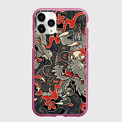 Чехол iPhone 11 Pro матовый Самурай Якудза, драконы, цвет: 3D-малиновый