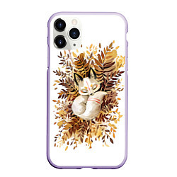 Чехол iPhone 11 Pro матовый Лисичка спит в листьях, цвет: 3D-светло-сиреневый
