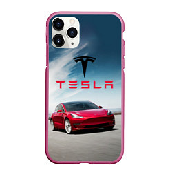 Чехол iPhone 11 Pro матовый Tesla Model 3, цвет: 3D-малиновый