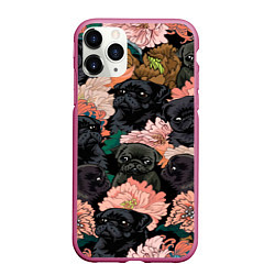 Чехол iPhone 11 Pro матовый Мопсы и Цветы, цвет: 3D-малиновый