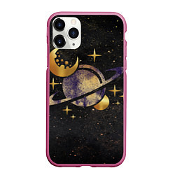 Чехол iPhone 11 Pro матовый Сатурн, луна, спутник и звезды, цвет: 3D-малиновый