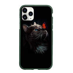Чехол iPhone 11 Pro матовый Котик и бабочка, цвет: 3D-темно-зеленый