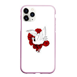 Чехол iPhone 11 Pro матовый Аист на фоне красных роз, цвет: 3D-розовый
