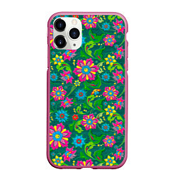 Чехол iPhone 11 Pro матовый Поле разноцветных цветков, цвет: 3D-малиновый