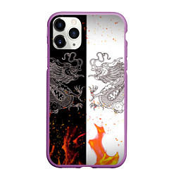 Чехол iPhone 11 Pro матовый Драконы Черный и Белый Огонь, цвет: 3D-фиолетовый