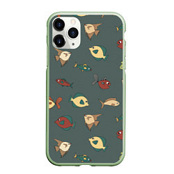 Чехол iPhone 11 Pro матовый Морские рыбки на зеленом фоне, цвет: 3D-салатовый