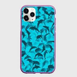 Чехол iPhone 11 Pro матовый Синий камуфляж с дельфинами, цвет: 3D-фиолетовый