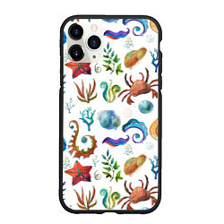 Чехол iPhone 11 Pro матовый Морской паттерн с крабами и водорослями, цвет: 3D-черный
