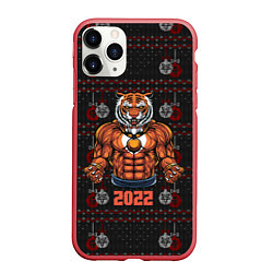 Чехол iPhone 11 Pro матовый Новогодний качок-тигр, цвет: 3D-красный