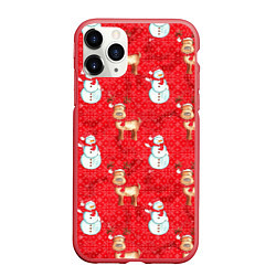Чехол iPhone 11 Pro матовый Снеговики и олени, цвет: 3D-красный