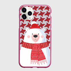 Чехол iPhone 11 Pro матовый Белый мишка в шапочке и шарфе, цвет: 3D-малиновый
