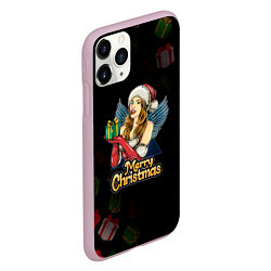 Чехол iPhone 11 Pro матовый Merry Christmas Снегурочка с подарком, цвет: 3D-розовый — фото 2