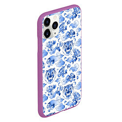 Чехол iPhone 11 Pro матовый Гжель Тигр и узоры, цвет: 3D-фиолетовый — фото 2