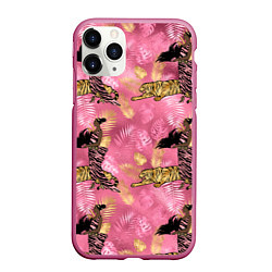 Чехол iPhone 11 Pro матовый Девушка с тиграми паттерн, цвет: 3D-малиновый