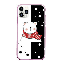 Чехол iPhone 11 Pro матовый ЧЁРНО-БЕЛЫЙ МИШКА, цвет: 3D-розовый