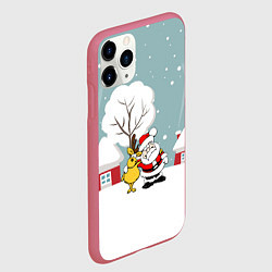 Чехол iPhone 11 Pro матовый Деревенский Новый Год Дед Мороз и Олень, цвет: 3D-малиновый — фото 2