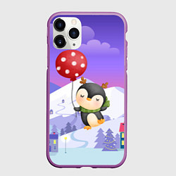 Чехол iPhone 11 Pro матовый Новогодний пингвин с шариком, цвет: 3D-фиолетовый