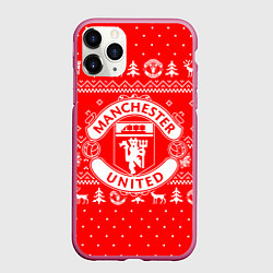 Чехол iPhone 11 Pro матовый FC Manchester United: Новогодний узор, цвет: 3D-малиновый