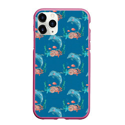 Чехол iPhone 11 Pro матовый Дельфины Море паттерн, цвет: 3D-малиновый