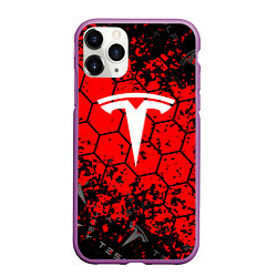 Чехол iPhone 11 Pro матовый Tesla Logo соты, цвет: 3D-фиолетовый