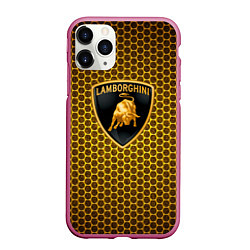 Чехол iPhone 11 Pro матовый Lamborghini gold соты, цвет: 3D-малиновый