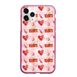 Чехол iPhone 11 Pro матовый Подарки и сердечки, цвет: 3D-малиновый