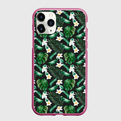 Чехол iPhone 11 Pro матовый Зеленые листочки паттерн, цвет: 3D-малиновый
