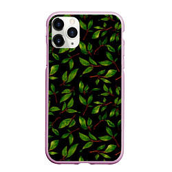 Чехол iPhone 11 Pro матовый Яркие зеленые листья на черном фоне, цвет: 3D-розовый