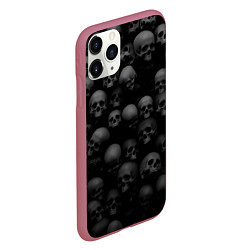 Чехол iPhone 11 Pro матовый Черепа на черном фоне паттерн, цвет: 3D-малиновый — фото 2