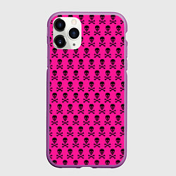 Чехол iPhone 11 Pro матовый Розовый фон с черепами паттерн, цвет: 3D-фиолетовый