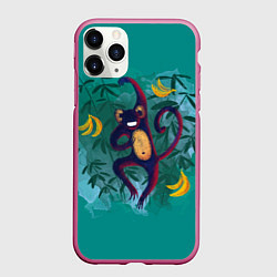 Чехол iPhone 11 Pro матовый Веселая обезьяна на бирюзовом фоне, цвет: 3D-малиновый