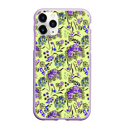 Чехол iPhone 11 Pro матовый Фиолетовые цветы на зеленом фоне