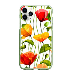 Чехол iPhone 11 Pro матовый Волнообразный узор из цветков мака Лето, цвет: 3D-салатовый