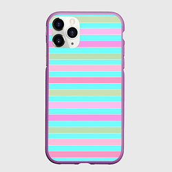 Чехол iPhone 11 Pro матовый Pink turquoise stripes horizontal Полосатый узор, цвет: 3D-фиолетовый