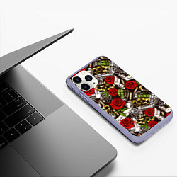 Чехол iPhone 11 Pro матовый Мафия - кастеты, гранаты, пистолеты и розы, цвет: 3D-светло-сиреневый — фото 2