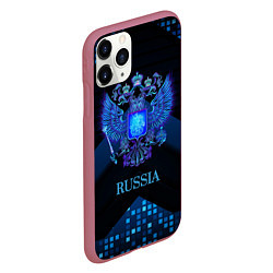 Чехол iPhone 11 Pro матовый Синий неоновый герб России, цвет: 3D-малиновый — фото 2