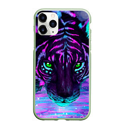 Чехол iPhone 11 Pro матовый Светящийся неоновый тигр, цвет: 3D-салатовый