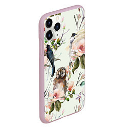 Чехол iPhone 11 Pro матовый Цветы Нарисованные Магнолии и Птицы, цвет: 3D-розовый — фото 2