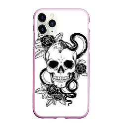 Чехол iPhone 11 Pro матовый Череп и Мамба и чёрные розы, цвет: 3D-розовый