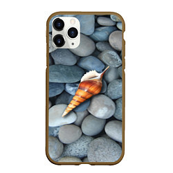 Чехол iPhone 11 Pro матовый Одинокая ракушка среди морских камней, цвет: 3D-коричневый