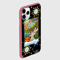 Чехол iPhone 11 Pro матовый Новый год зайчик играет на барабане, цвет: 3D-малиновый — фото 2