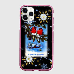 Чехол iPhone 11 Pro матовый Новый Год Два Снегиря Сидят На Ветке, цвет: 3D-малиновый