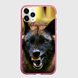 Чехол iPhone 11 Pro матовый Оскал чёрного волка, цвет: 3D-малиновый