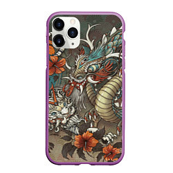 Чехол iPhone 11 Pro матовый Тигр и дракон мифические, цвет: 3D-фиолетовый