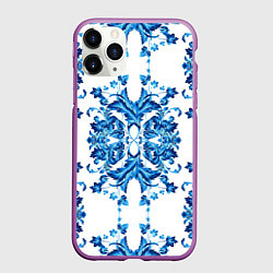Чехол iPhone 11 Pro матовый Гжель синие цветы, цвет: 3D-фиолетовый