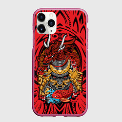 Чехол iPhone 11 Pro матовый Маска воина самурая с драконом, цвет: 3D-малиновый